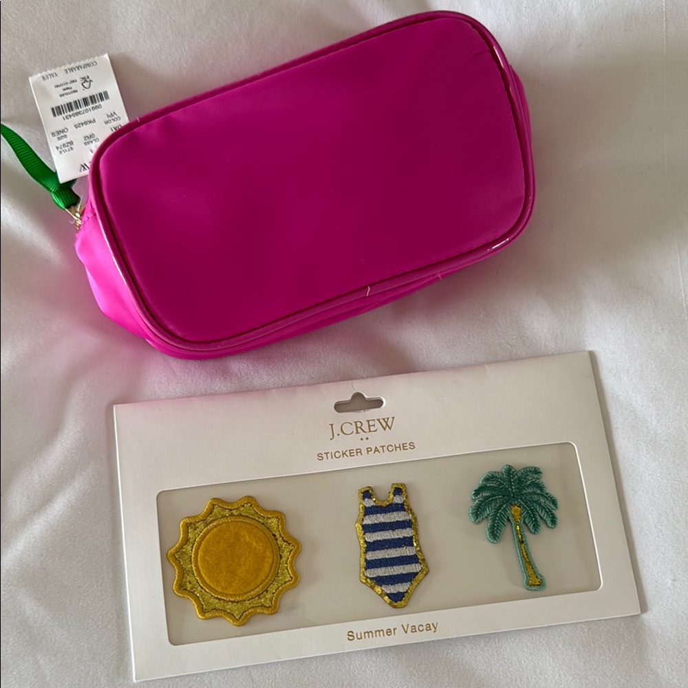 J. Crew Bright Pink Cosmetic Bag with Summer Patches
